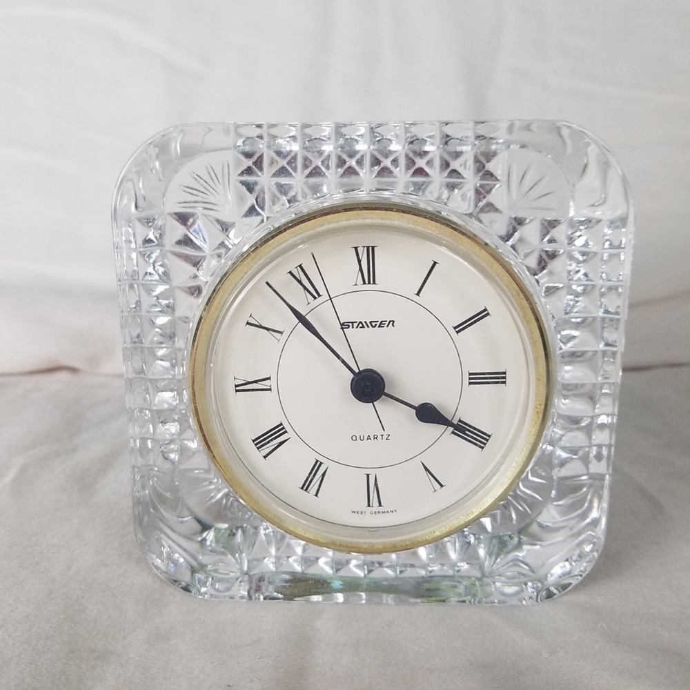 Staiger Quartz Desk Clock Lead Crystal Glass West Germany Square Clear Excellent